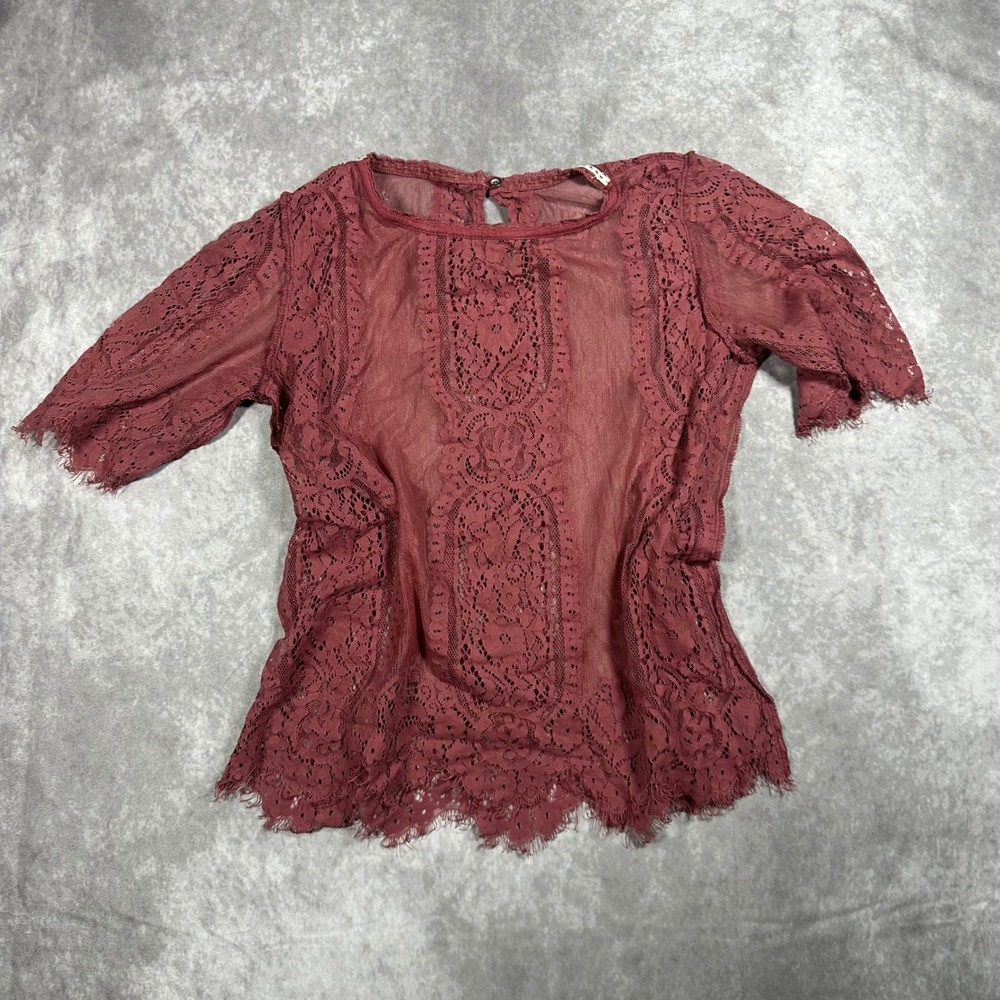 Burgundy Floral Lace Sheer Top Scalloped Hem Keyhole Back Elbow Sleeve Blouse S